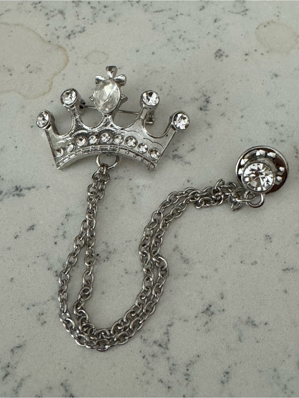 Silver Rhinestone Crown Pin with Chain